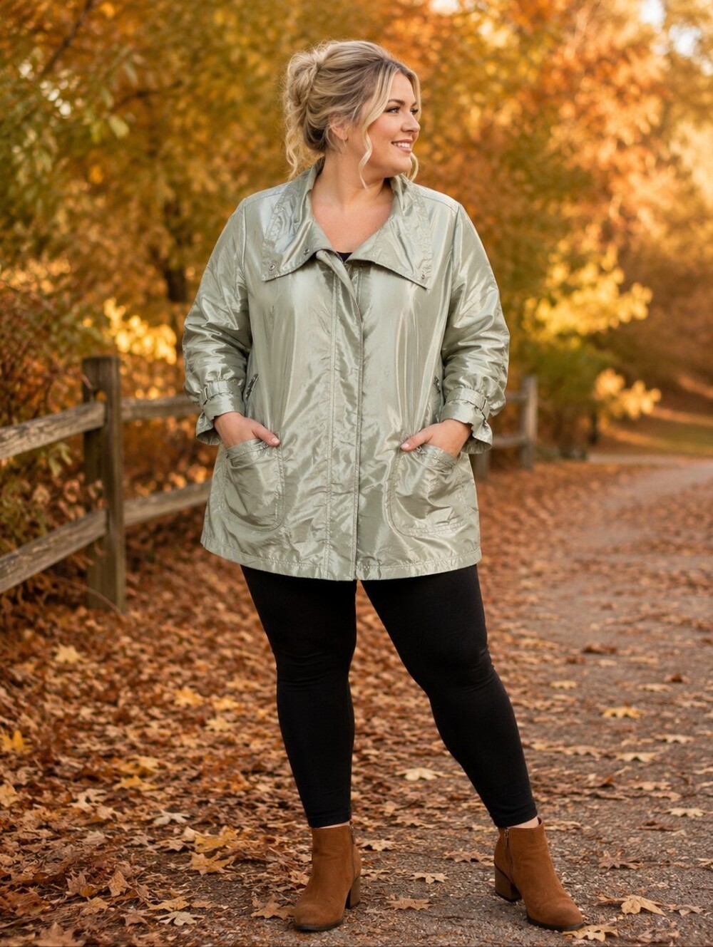 Penningtons Vintage Plus Size 6x: Shiny Sage Green Plus-Size Trench Coat